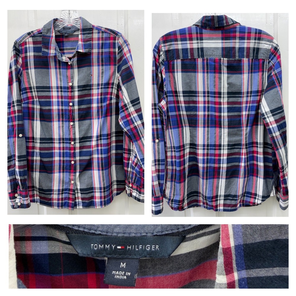 Tommy Hilfiger Womens Medium Classic Fit Long Sleeve Plaid Button Down Shirt